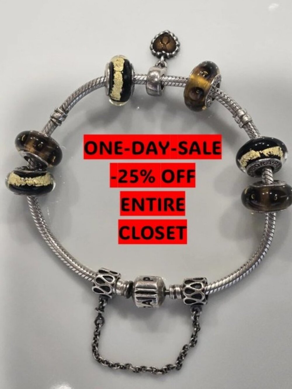 Pandora Silver Bracelet with Black and Gold Murano Glass Beads